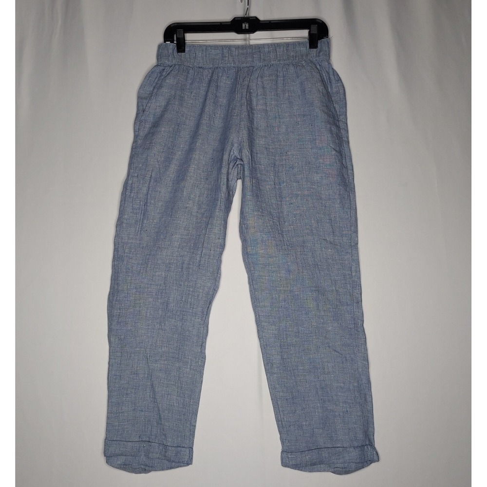 Rachel Roy Linen Cropped Pants Women Medium Blue Pull-On Pocket Cuff Coastal